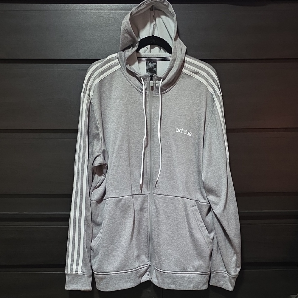 Adidas Gray Men's Hoodie with White Stripes